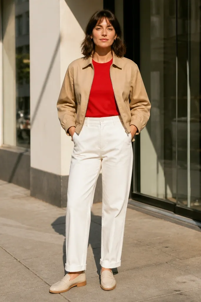 Red T shirt with tan Harrington jacket and white pants