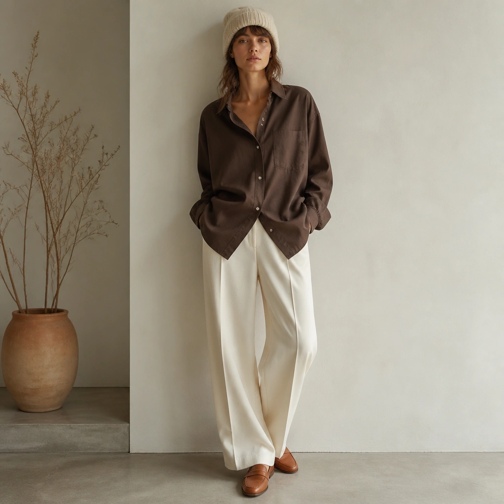 A relaxed brown oversized shirt layered over cream wide-leg trousers with a subtle vertical crease. The outfit is styled with tan leather loafers and a cream knit beanie.