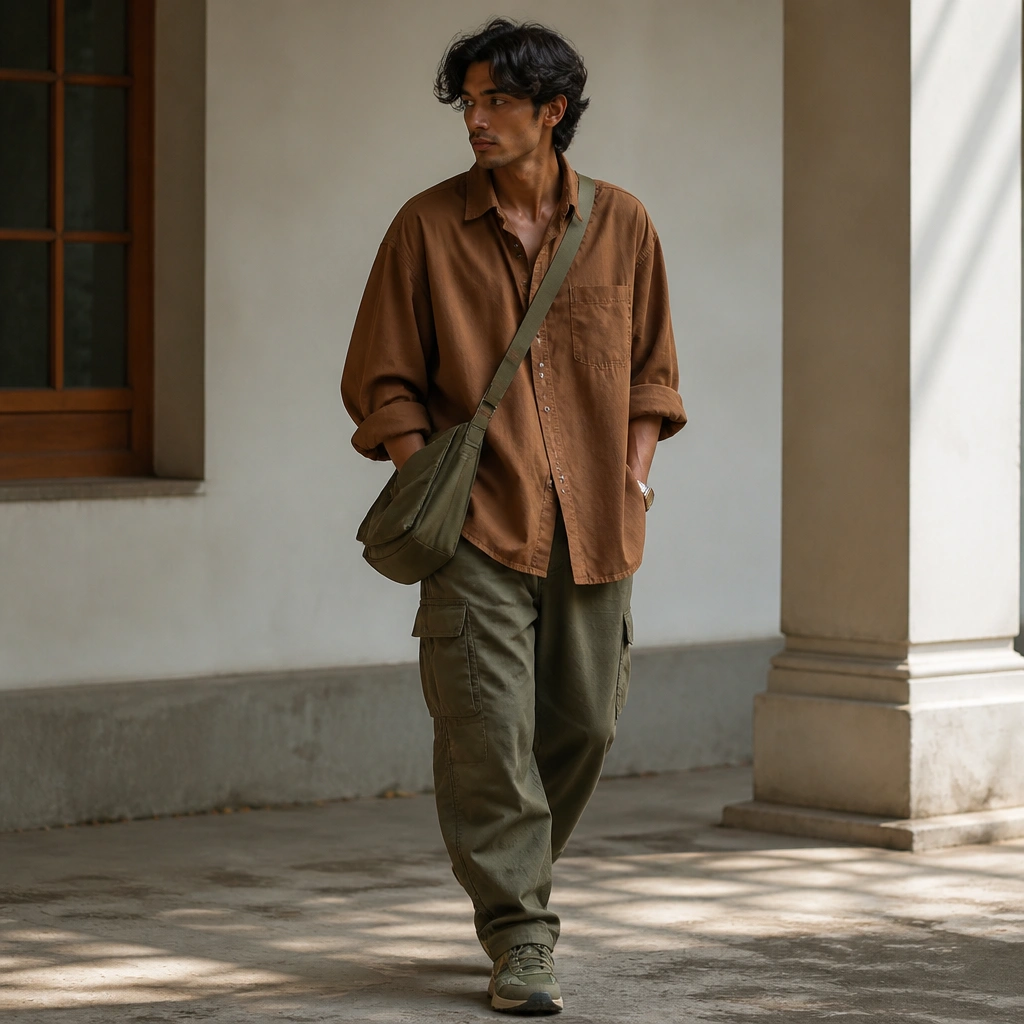 A cinnamon-brown oversized shirt worn with olive cargo pants, sleeves cuffed, shirt worn untucked. The styling includes olive sneakers and a utility crossbody bag.