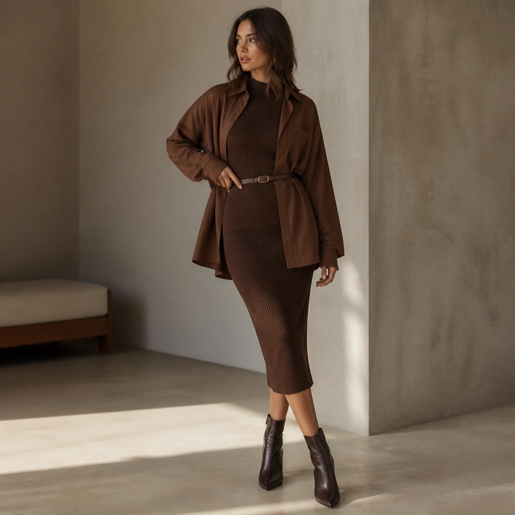 A brown oversized shirt worn open over a fitted ribbed midi dress in chocolate brown. The outfit includes heeled ankle boots and a slim belt worn at the shirt waist.