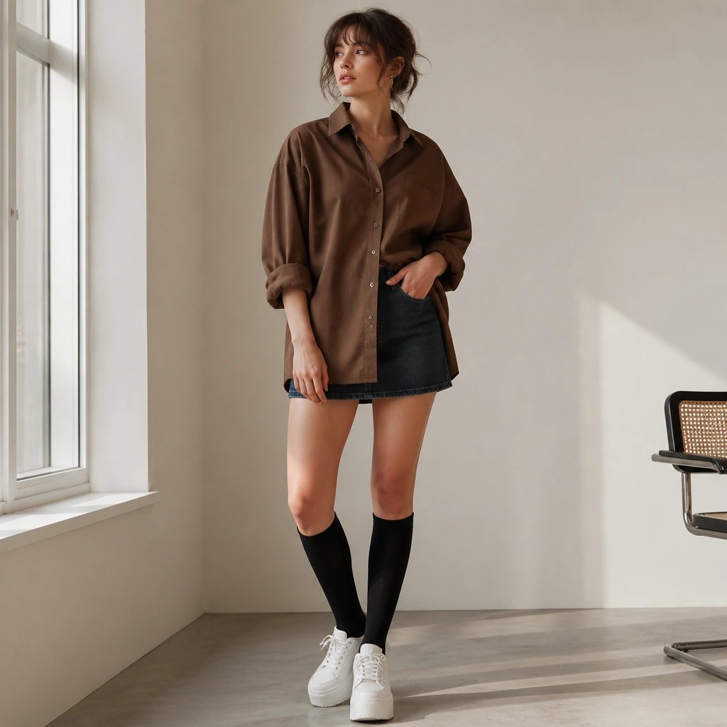 A brown oversized shirt worn over a dark denim mini skirt, with the sleeves rolled to mid-forearm. The outfit includes black knee-high socks and white platform sneakers.