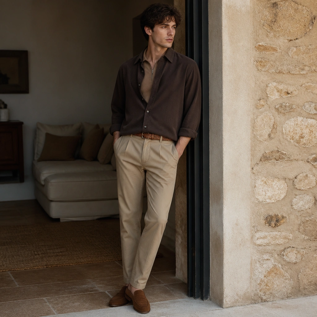 A brown oversized shirt layered over a lighter tan tee, partially closed with a half-zip style collar peek. Tan chinos sit at the waist with a woven rattan belt; the outfit is finished with brown suede mules.