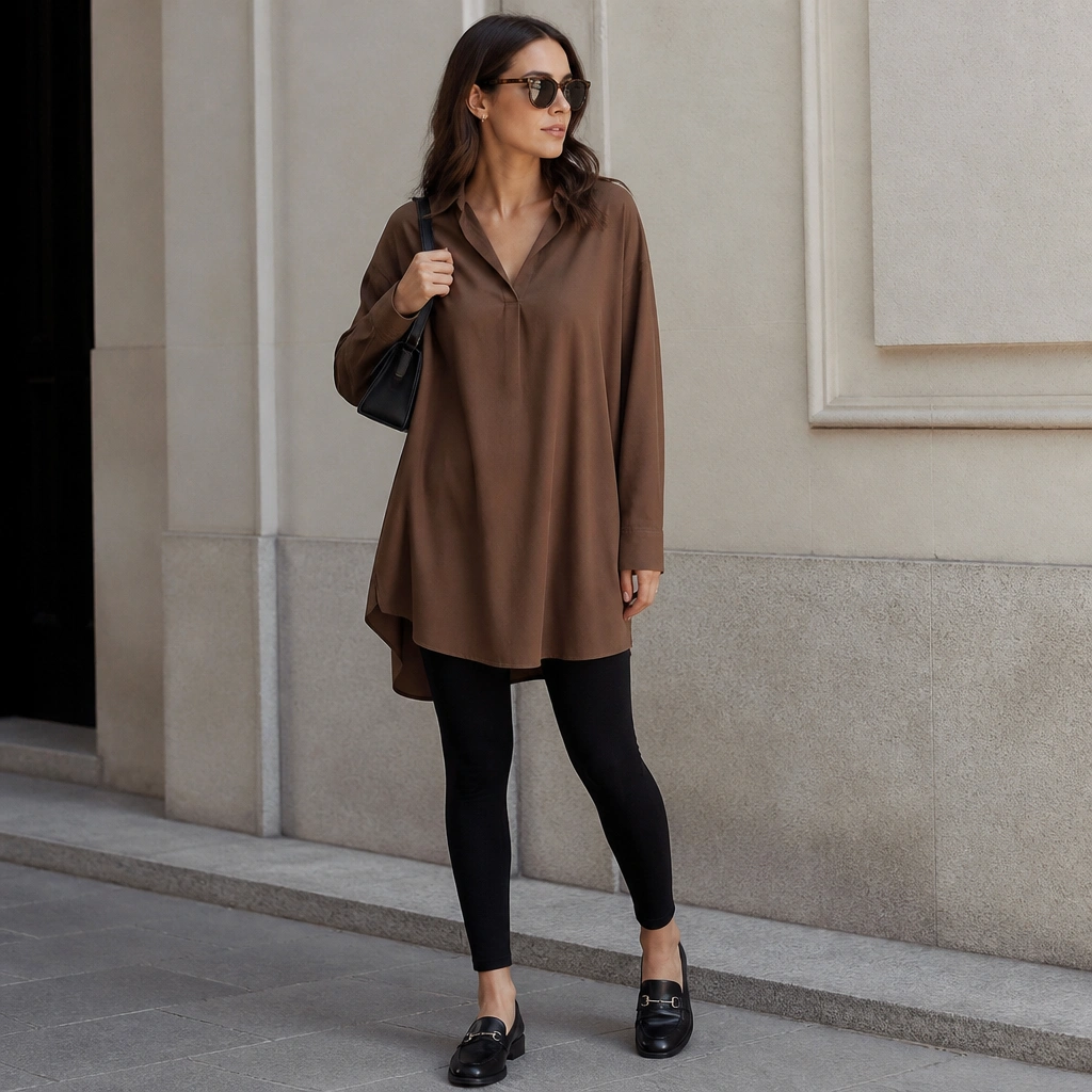 A longline relaxed brown oversized shirt worn over black leggings, fully untucked, with a soft V-neck collar. The look includes dark loafers and a structured shoulder bag.