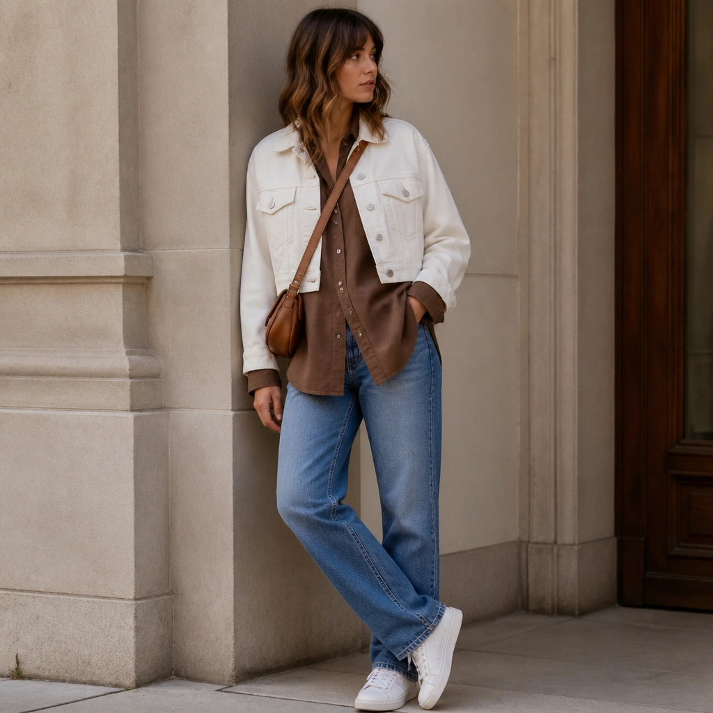 A layered look: a brown oversized shirt worn as the main layer, with a cropped white denim jacket on top. The bottom is medium-wash straight jeans, styled with white sneakers and a crossbody.
