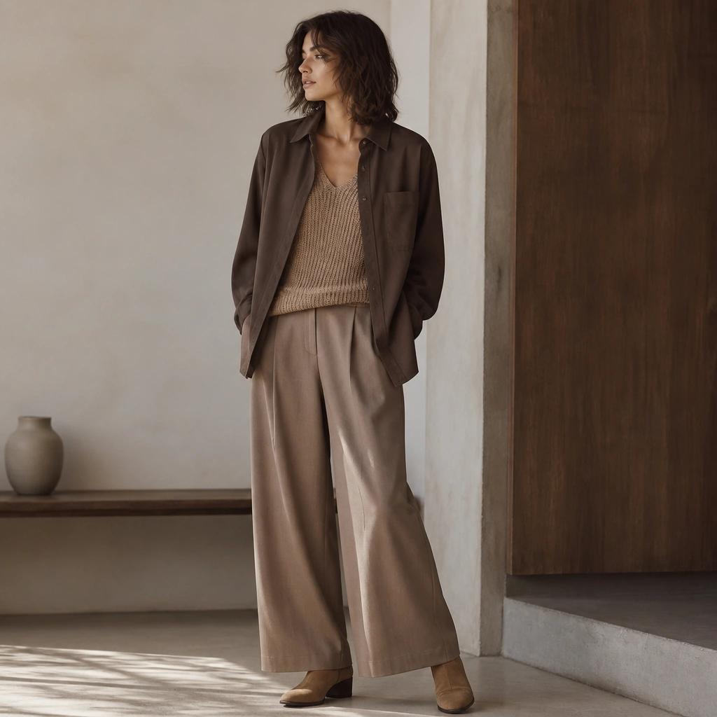 A brown oversized shirt worn open over a camel knit sweater tank, with the collar and hem showing. The outfit includes light brown wide-leg trousers and tan suede ankle boots.