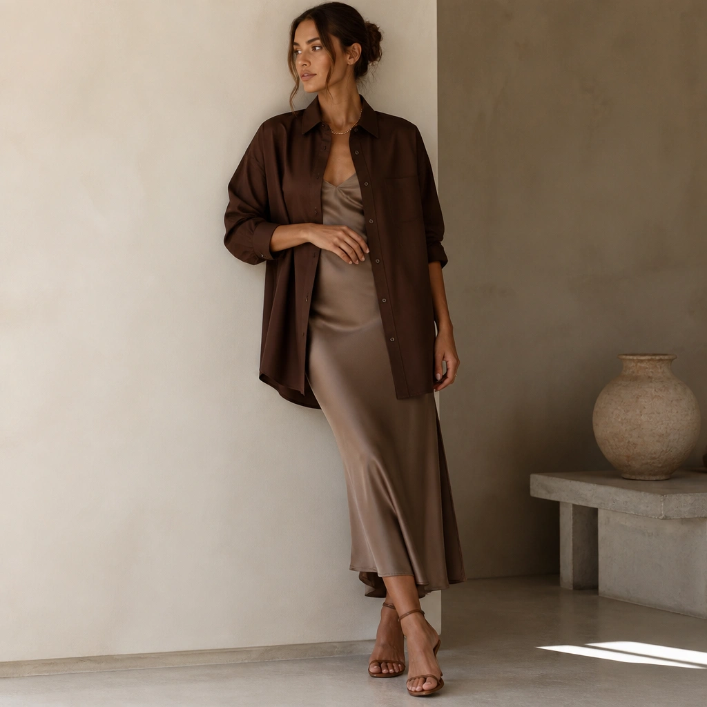 A chocolate-brown oversized shirt worn open over a silky slip skirt in warm taupe. Styling includes strappy heeled sandals and a sleek chain necklace.