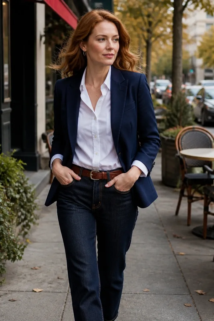 Navy blazer over a white button-up with dark straight jeans and tan loafers