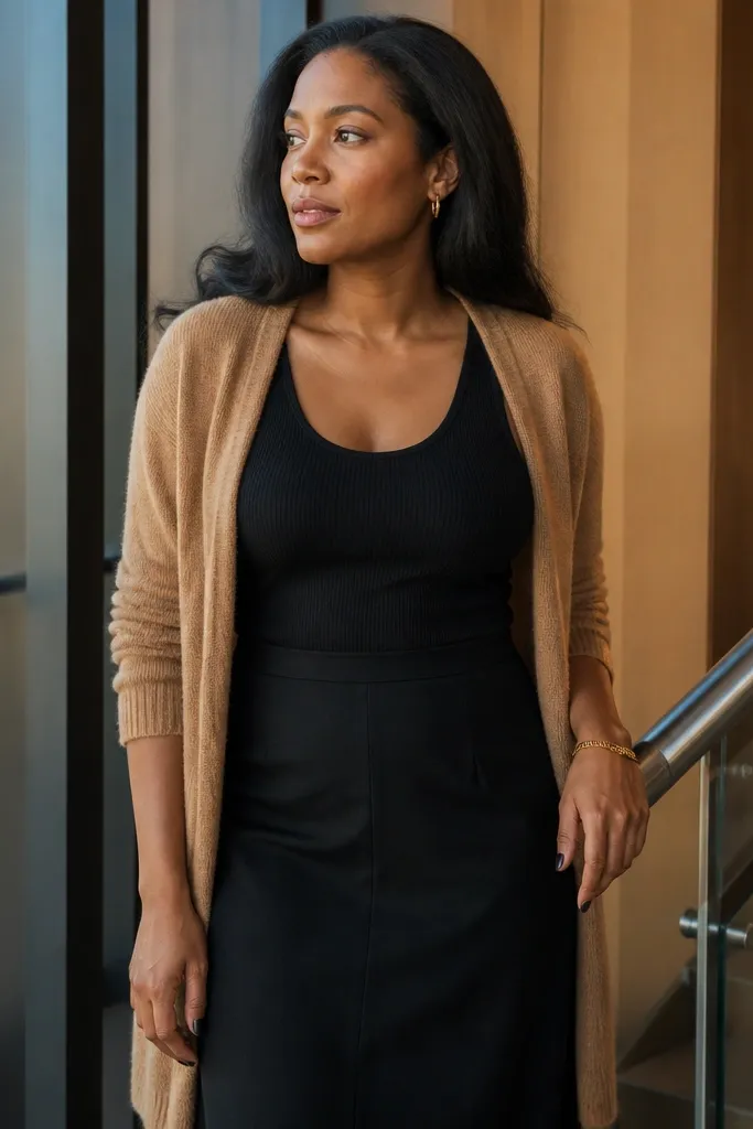Camel cardigan over a black ribbed tank with a black midi skirt and black flats