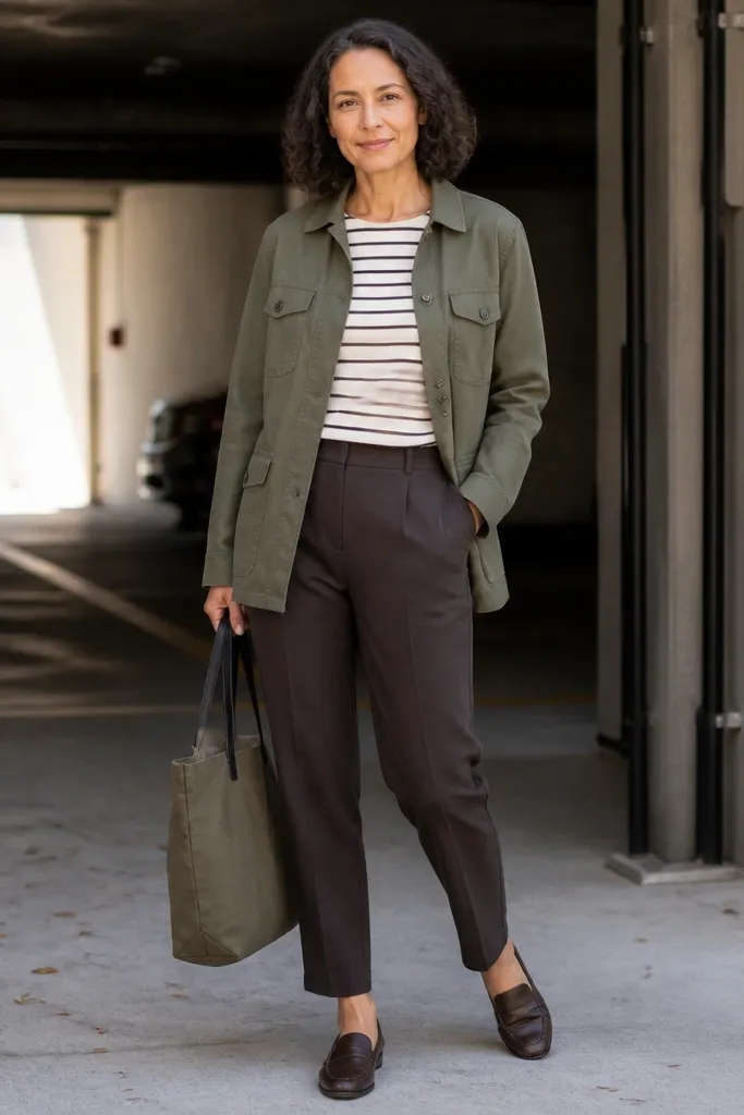 Olive utility jacket over a striped tee with tapered trousers and white sneakers