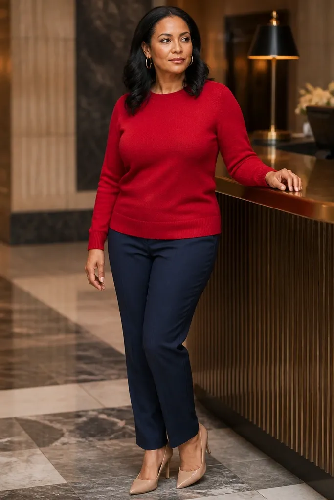 Red knit top with navy trousers and nude pumps