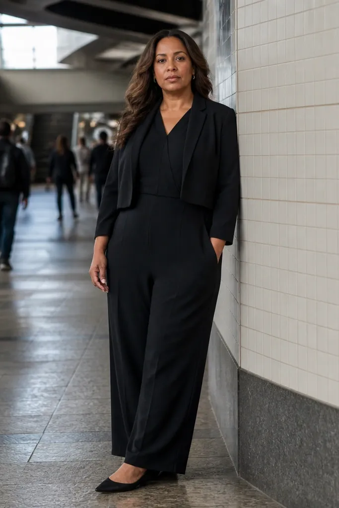 Black jumpsuit with a cropped blazer and pointed flats