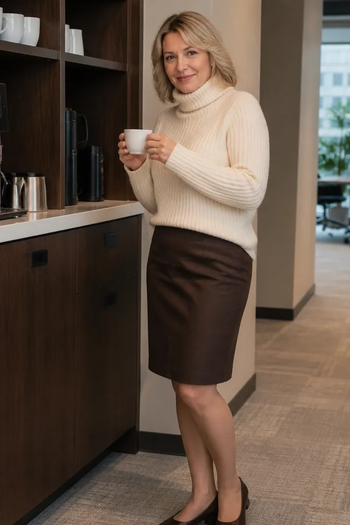 Cream turtleneck with a chocolate-brown skirt and sheer tights with ankle boots