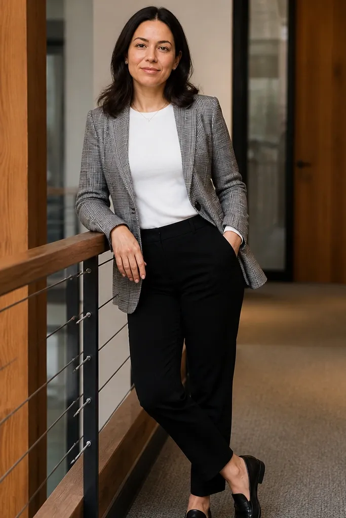 Grey plaid blazer over a white t-shirt with straight ankle pants and black flats