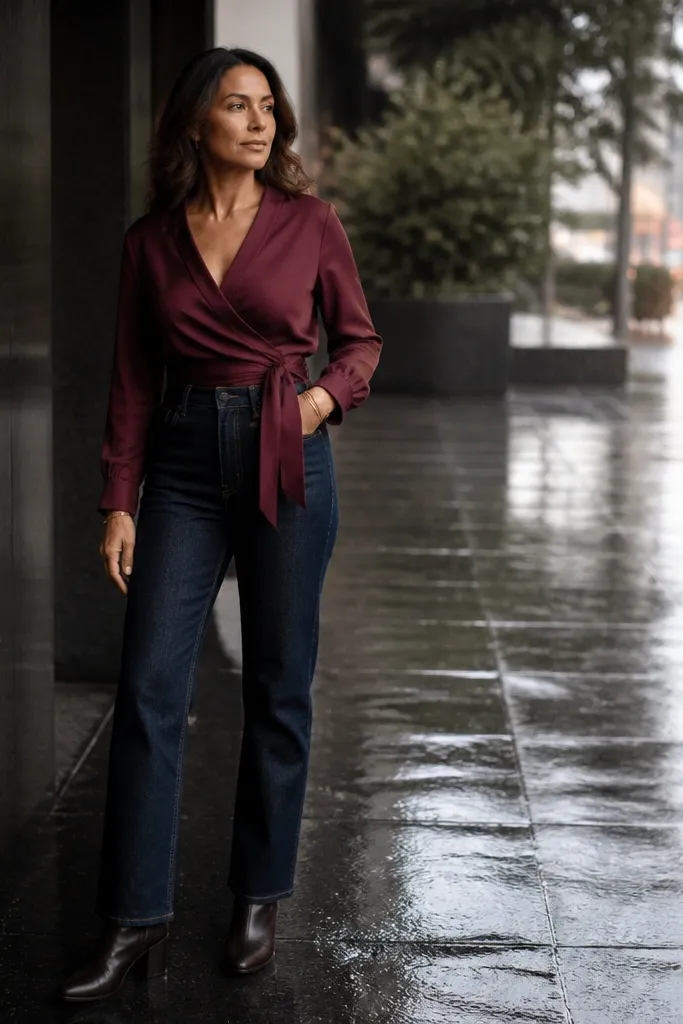 Burgundy wrap blouse with dark denim and heeled ankle boots