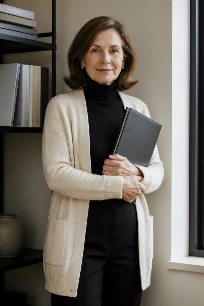 Black turtleneck under a cream cardigan with black straight trousers