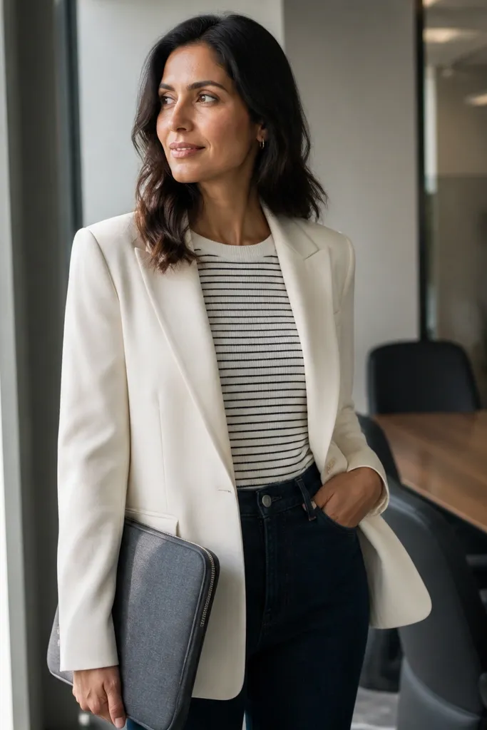 Cream blazer over a striped knit tee with dark jeans and tan loafers