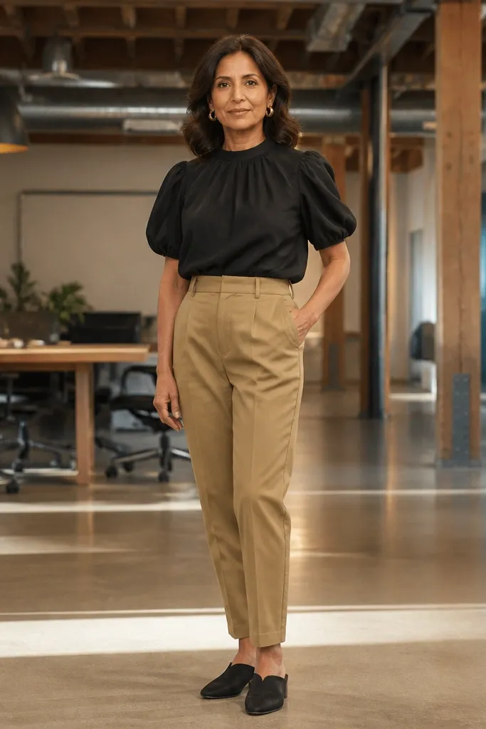 Black puff-sleeve blouse with khaki trousers and black mules