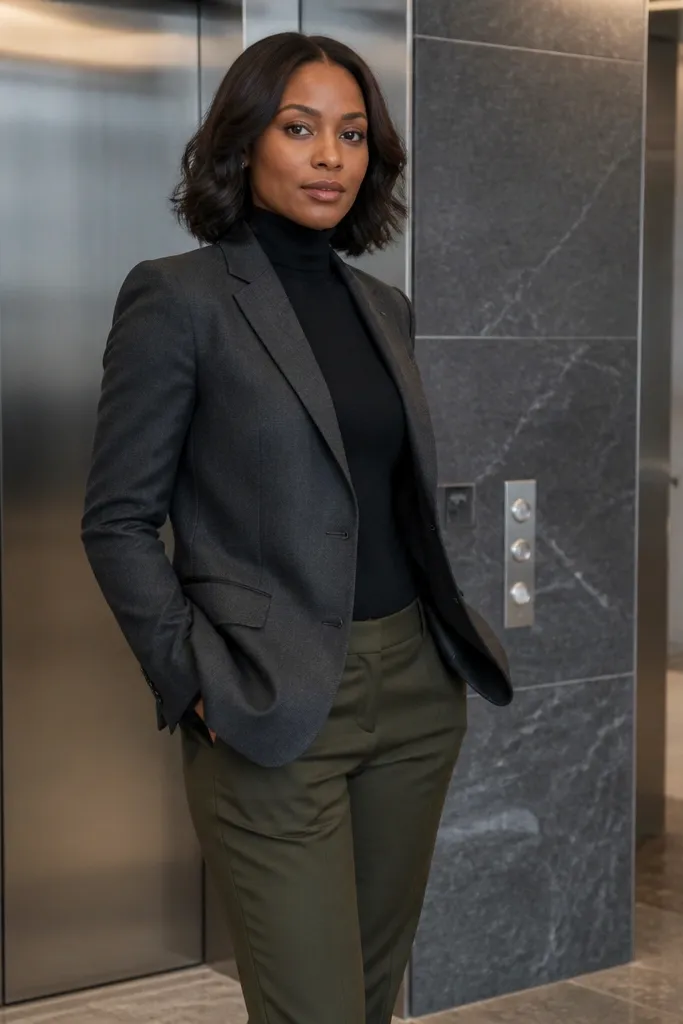Charcoal blazer over a black turtleneck with olive ankle pants and black ankle boots