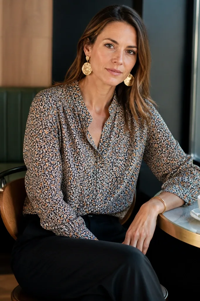 Patterned blouse tucked into black straight trousers with statement earrings and loafers