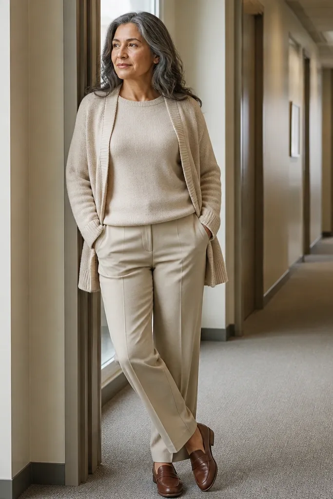 Oatmeal knit cardigan with matching oatmeal trousers and loafers