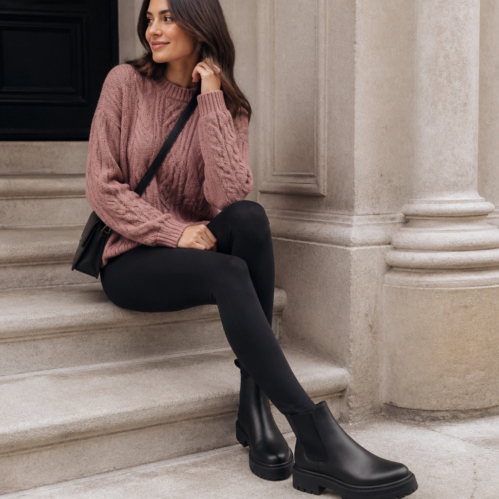 Dusty rose cable knit sweater paired with black fitted leggings and black chunky Chelsea boots, plus a crossbody bag. The knit texture is clearly visible in the photo.