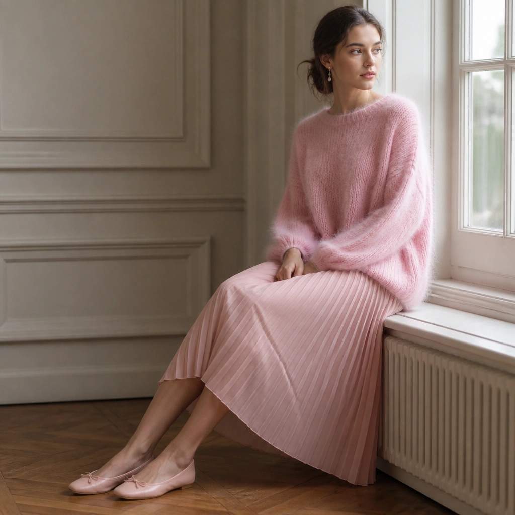 A fluffy pink mohair knitted sweater layered over a powder pink pleated midi skirt, finished with ballet flats and delicate earrings. Soft, airy lighting emphasizes the mohair halo.