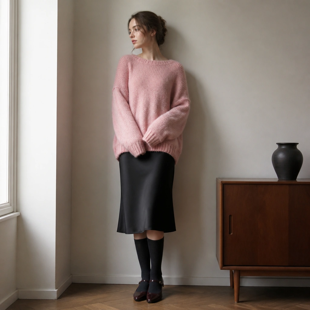 An oversized rose pink knitted sweater worn over a black midi slip skirt, with knee-high socks and dark Mary Janes. The hem falls mid-hip over the skirt.