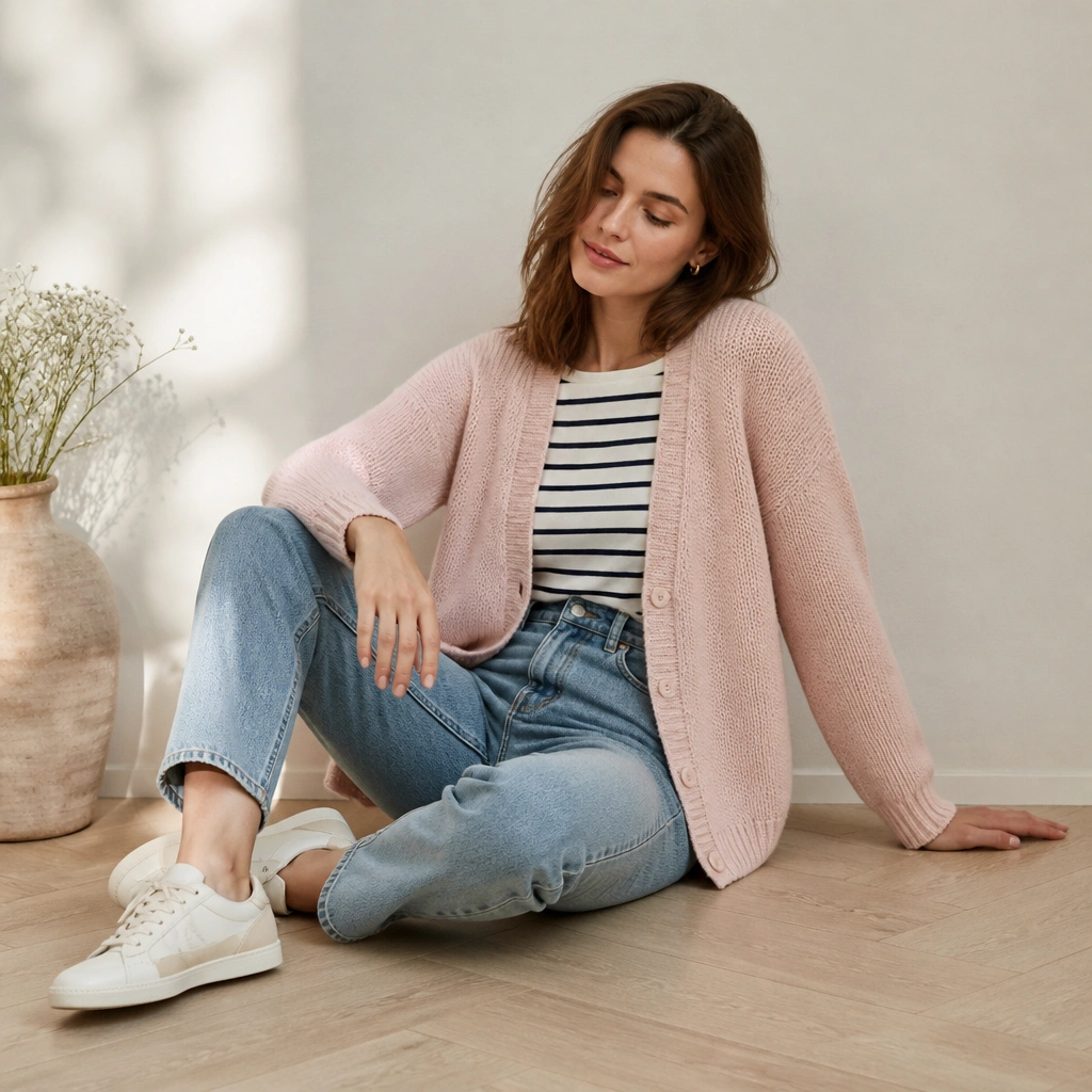 A pale pink button-front cardigan styled open over a striped top, paired with light blue straight jeans and white sneakers. Buttons and knit stitches are visible.