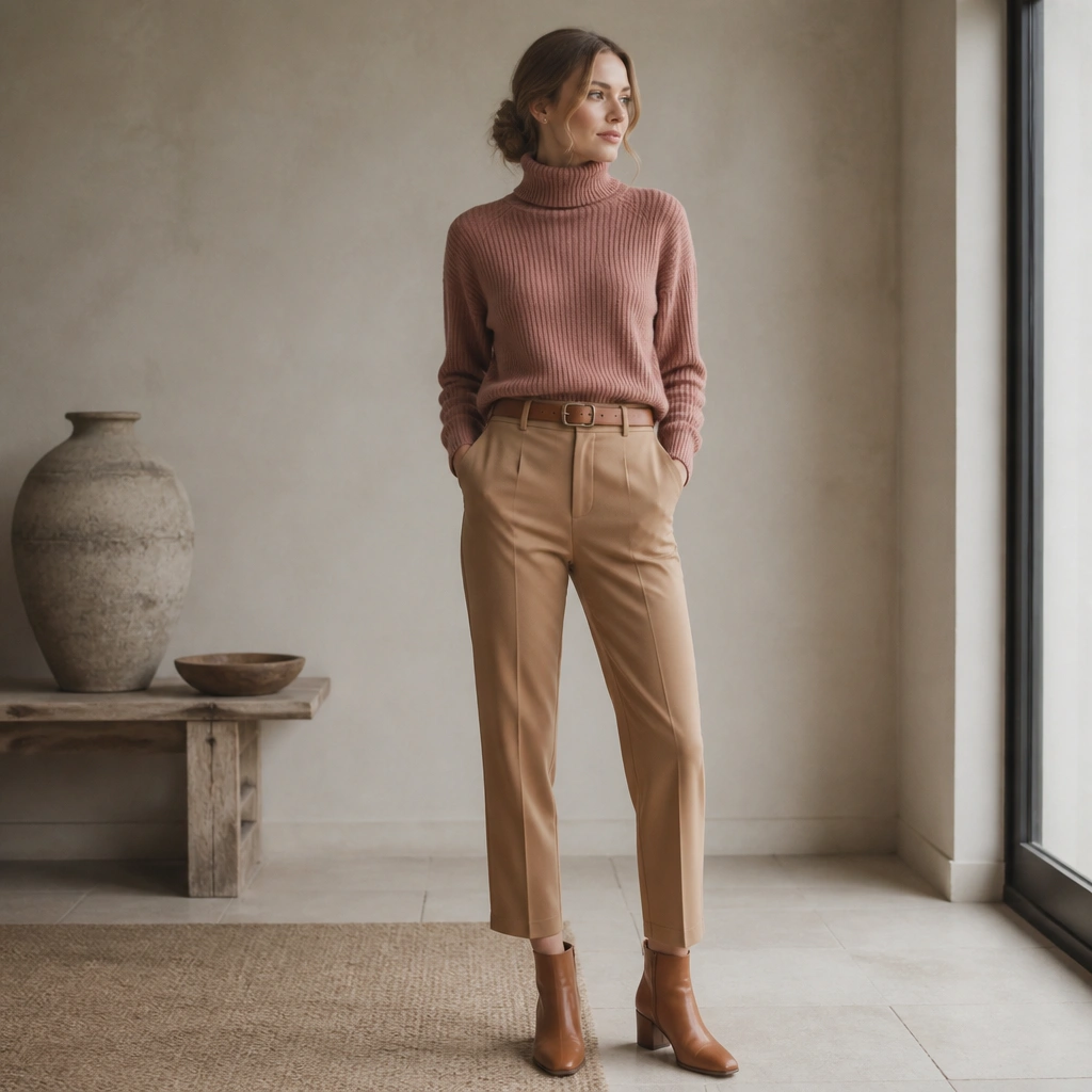 A dusty rose turtleneck knitted sweater tucked into camel cropped trousers, styled with a tan belt and ankle boots. The turtleneck sits neatly at the neck.