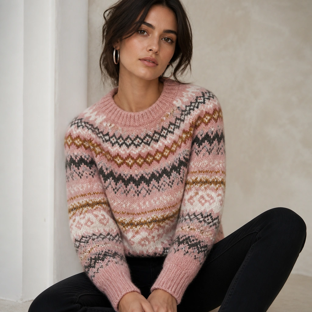 A pink Fair Isle knitted sweater with multi-color pattern details, worn with black skinny jeans and silver hoop earrings. The sweater pattern is the focal point.