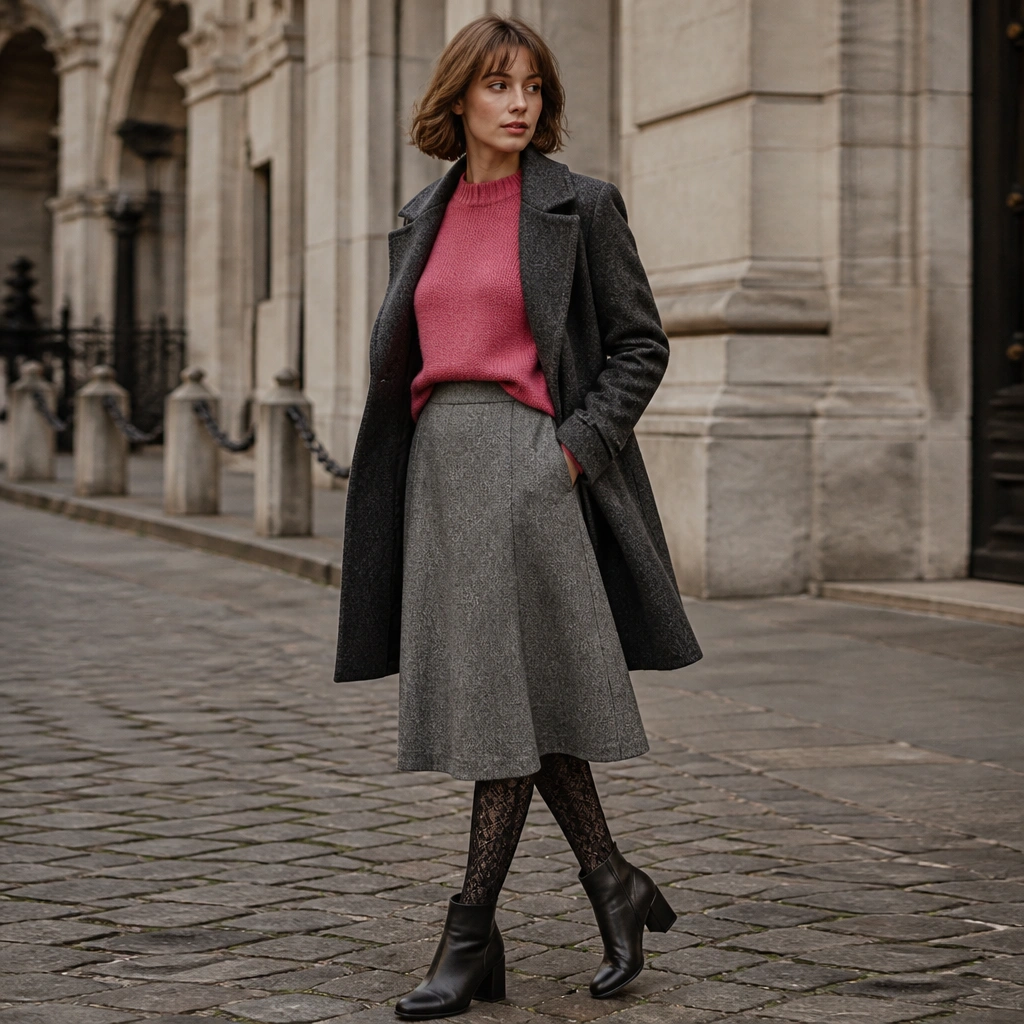 A pinky-red pink knitted sweater worn with a gray wool midi skirt and patterned tights, finished with a wool coat and ankle boots.