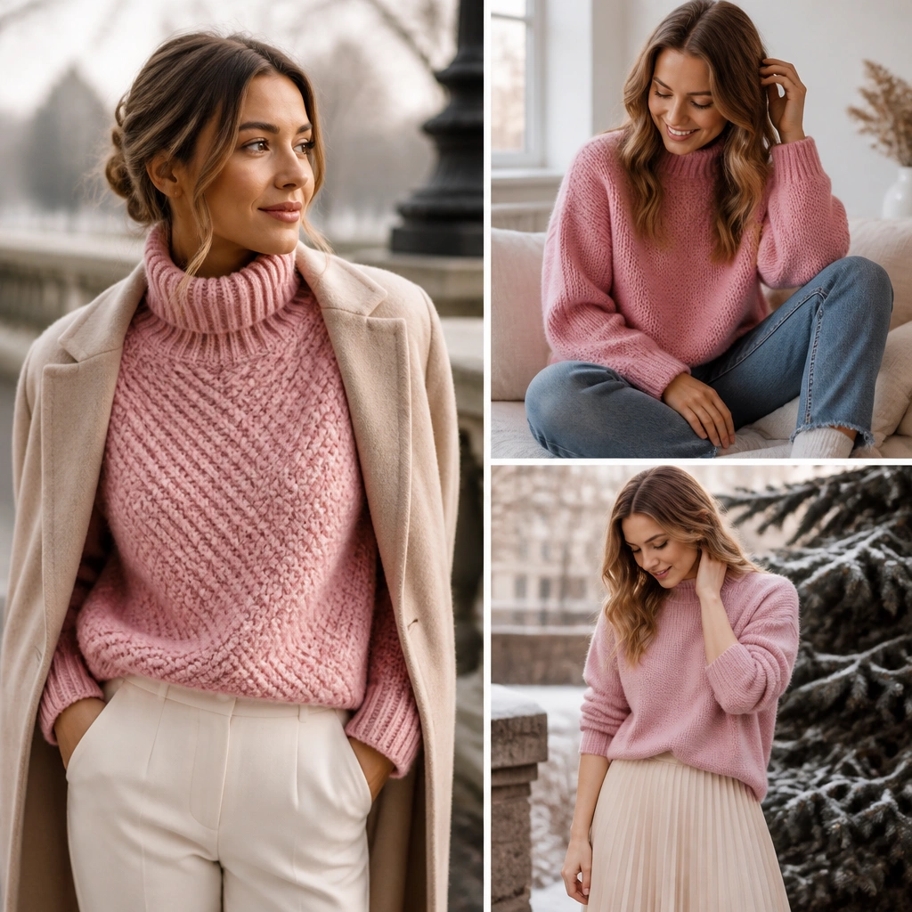 Seasonal Evergreen Pink Knitted Sweater Outfit Ideas