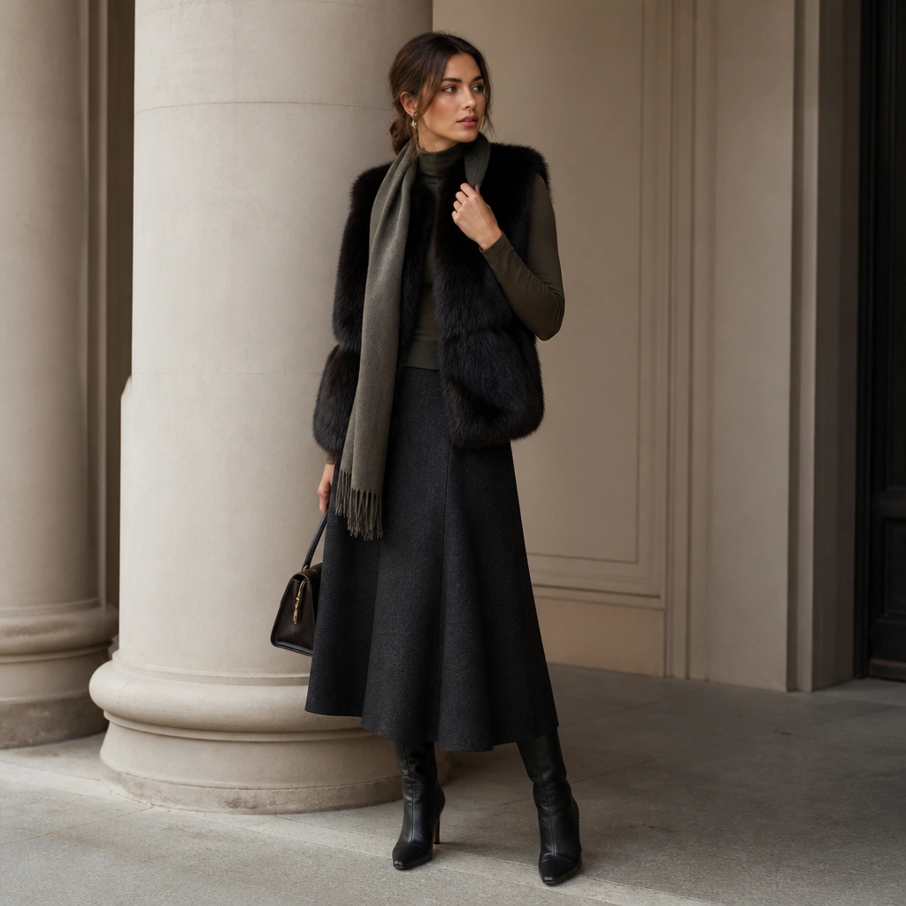 A black fur vest over an olive mock neck top, styled with a long charcoal wool skirt and knee-high boots; a scarf is loosely draped for a winter vibe.