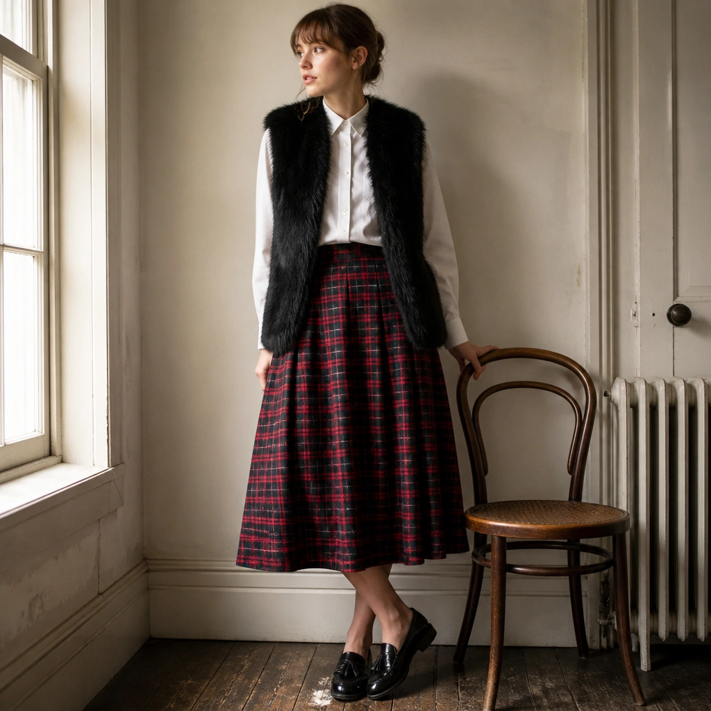 A black fur vest layered over a crisp white button-down shirt with the top buttons closed, worn with a red-and-black plaid midi skirt and black loafers.
