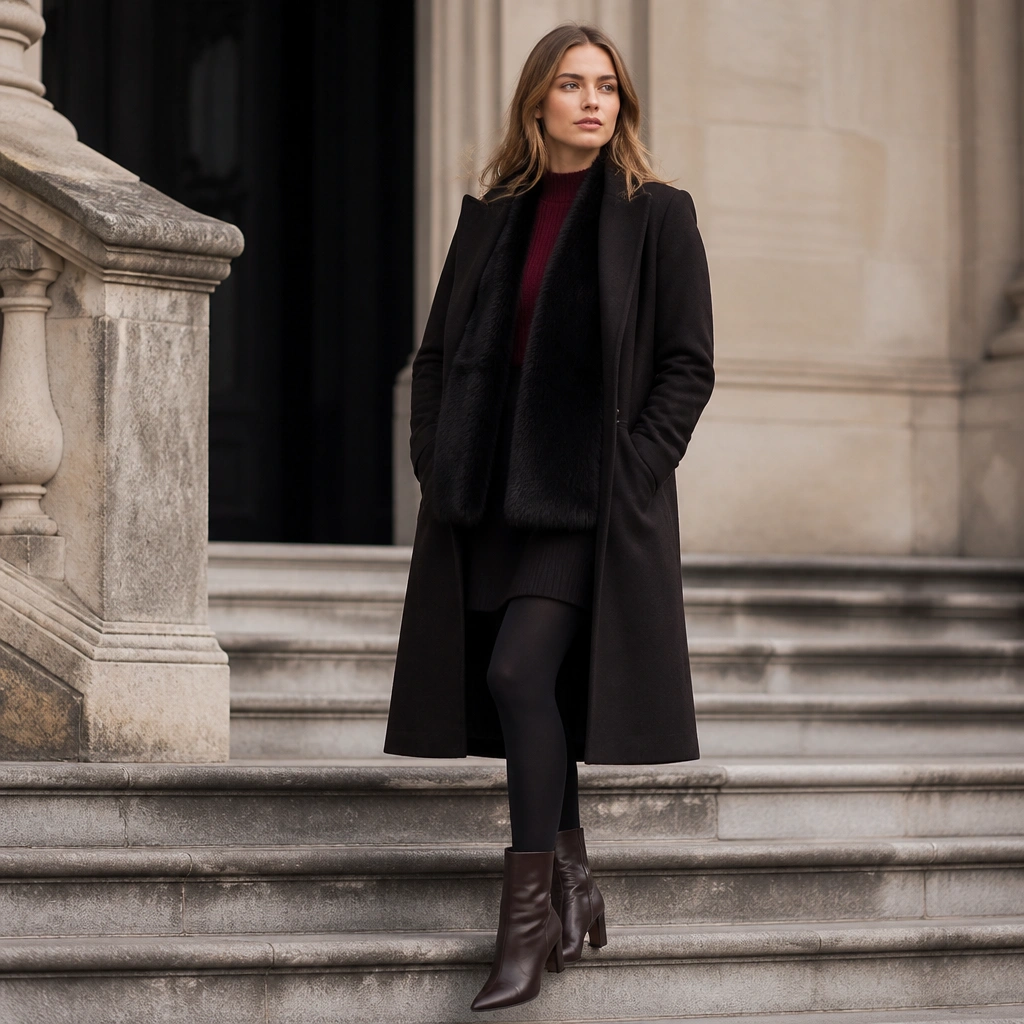 A black fur vest over a burgundy knit top, layered under a dark knee-length wool coat, with black tights and dark brown heeled boots.
