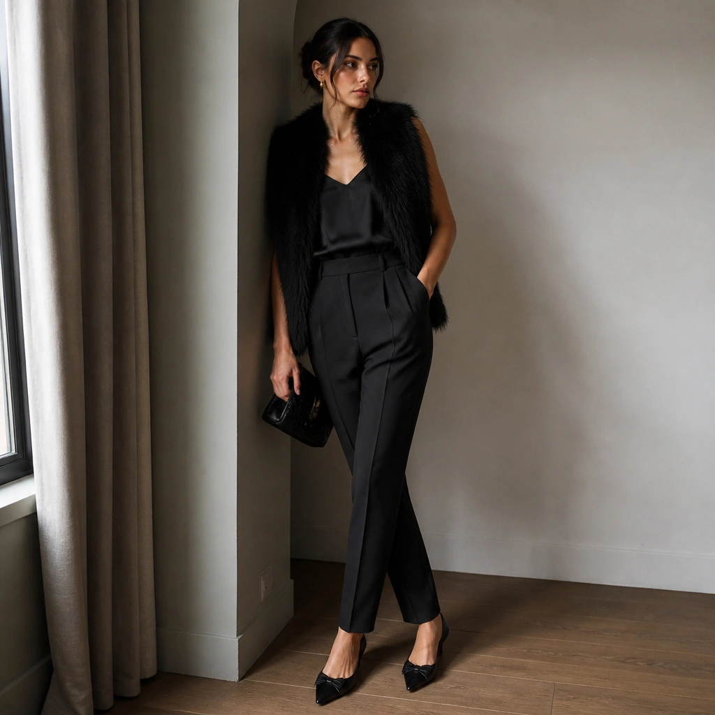 A black fur vest over a black satin camisole, styled with high-waist tailored trousers and pointed-toe flats; the look is minimal with a small clutch.