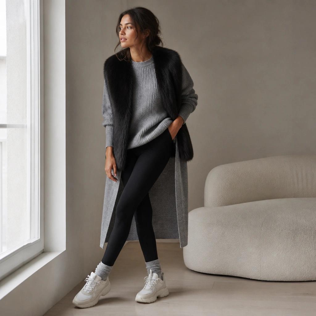 A black fur vest over a gray ribbed sweater, with black leggings and a long open cardigan; the outfit includes fuzzy socks and chunky sneakers.