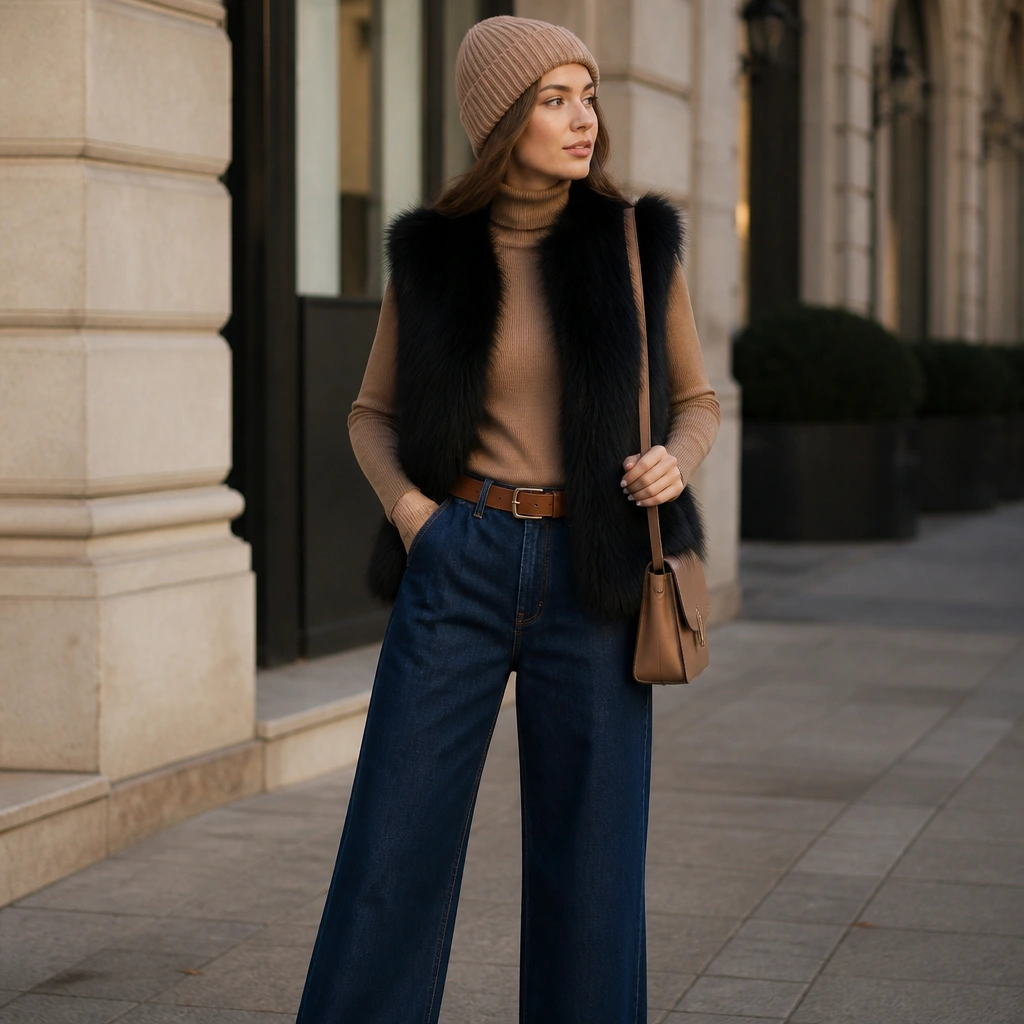 A black fur vest over a camel turtleneck, paired with wide-leg jeans and tan belt details; styled with a beanie and a crossbody bag.