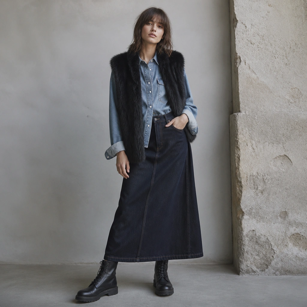 A black fur vest over a light blue denim button-up, worn with a dark wash maxi skirt and black combat boots; the outfit includes a cuffed sleeve detail.