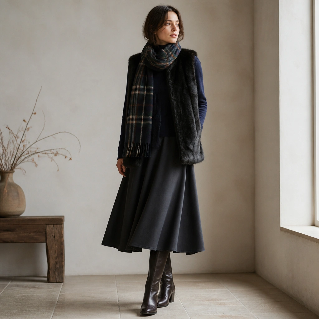 A black fur vest over a navy crewneck top, layered above a dark midi dress; a plaid scarf is wrapped at the neck and tall boots are worn.
