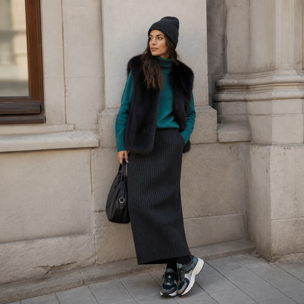 A black fur vest over a teal turtleneck, styled with a knitted charcoal maxi skirt and winter sneakers; the outfit includes a knit beanie.