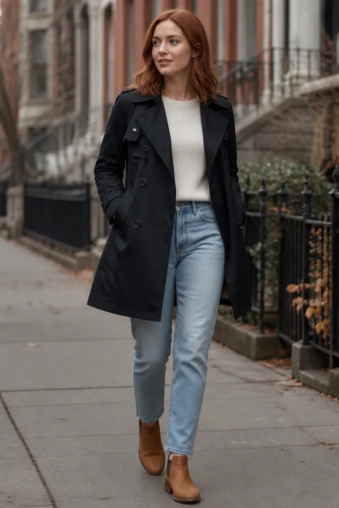 Black short trench coat over cream ribbed tee with light jeans and tan Chelsea boots