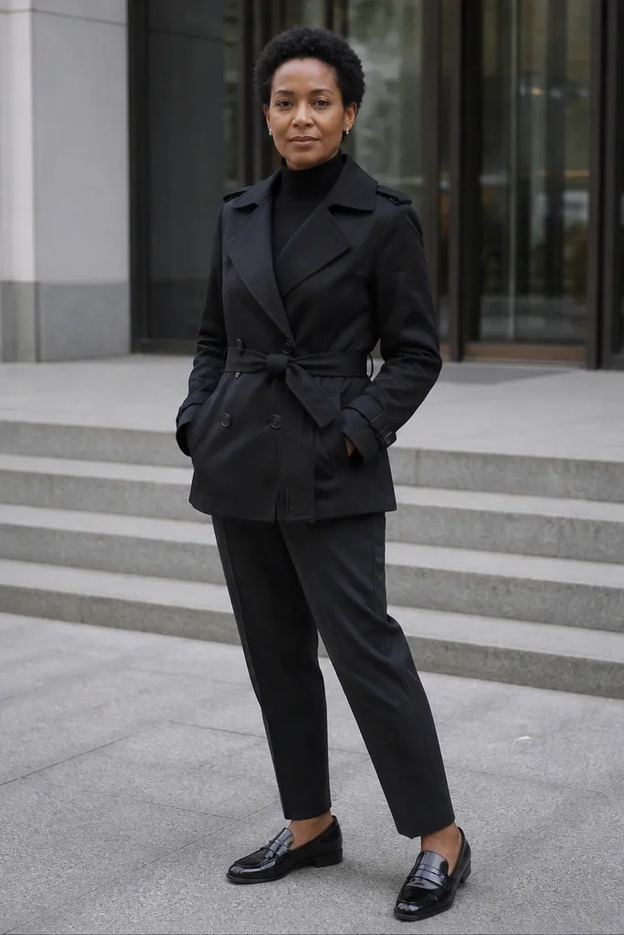 Black short trench over black turtleneck with charcoal trousers and black loafers