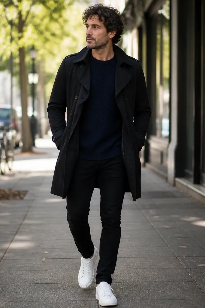 Black short trench over navy knit with black skinny jeans and white low-top sneakers