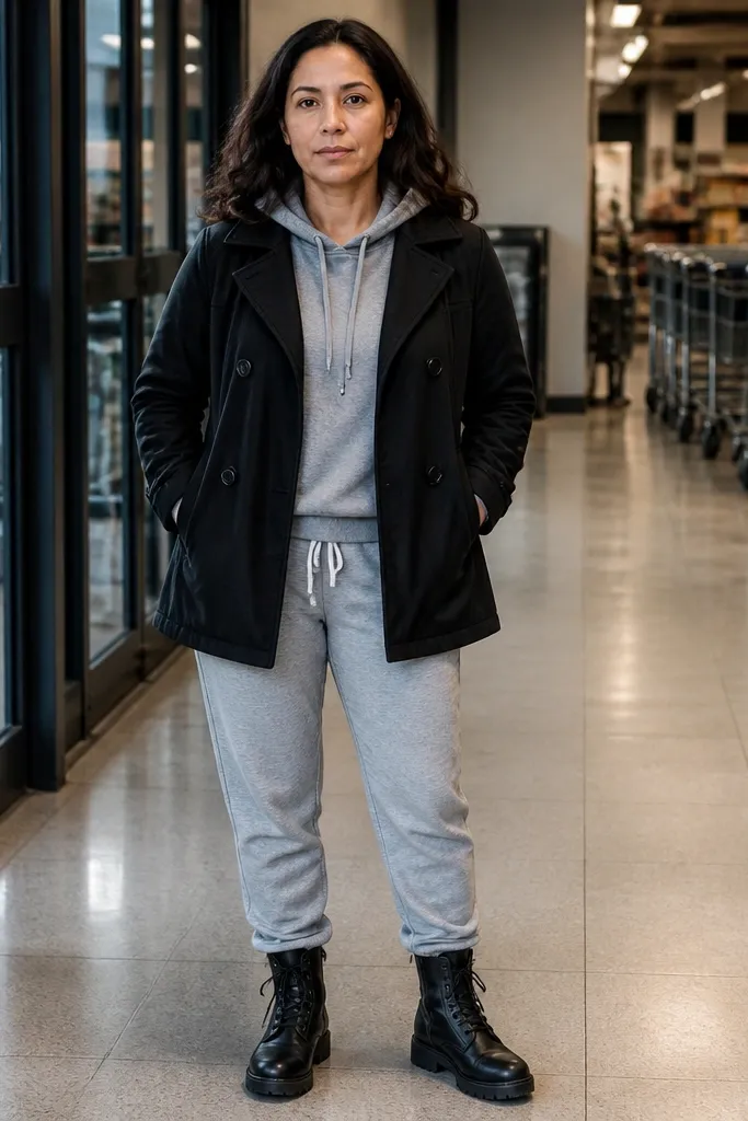 Black short trench over heather gray hoodie with gray joggers and black boots