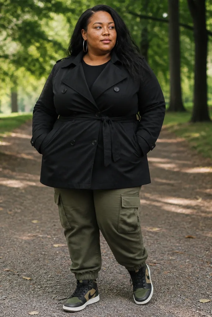 Black short trench over black tee with olive cargo pants and black-and-olive sneakers