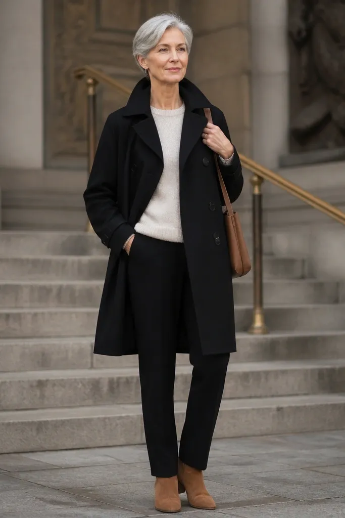 Black short trench over oatmeal sweater with black straight trousers and tan suede boots