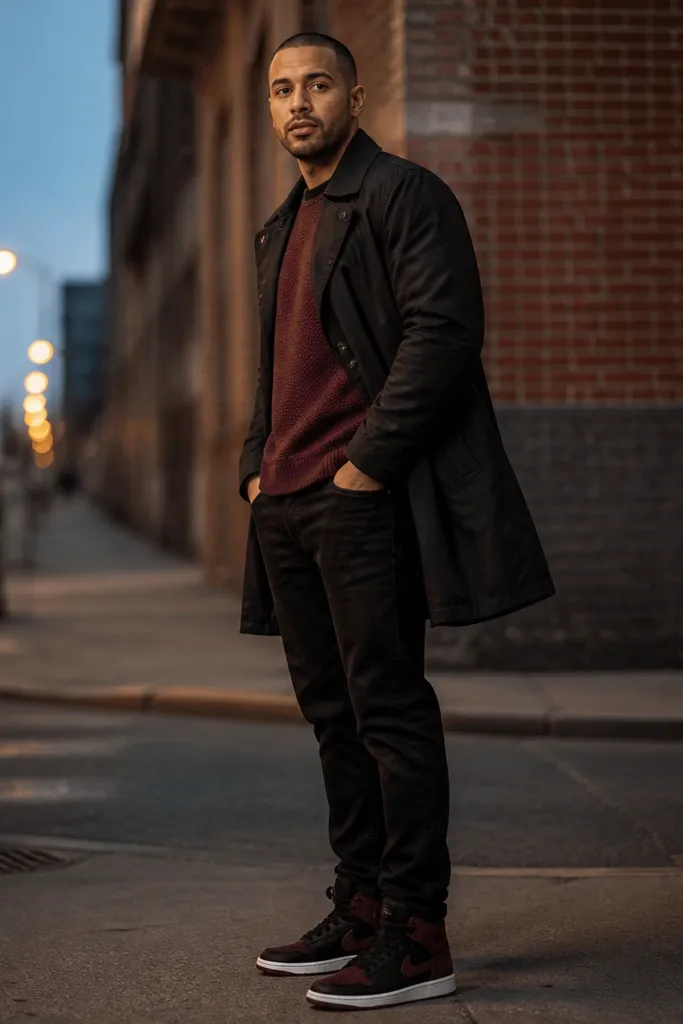 Black short trench over burgundy knit with black jeans and high-top sneakers