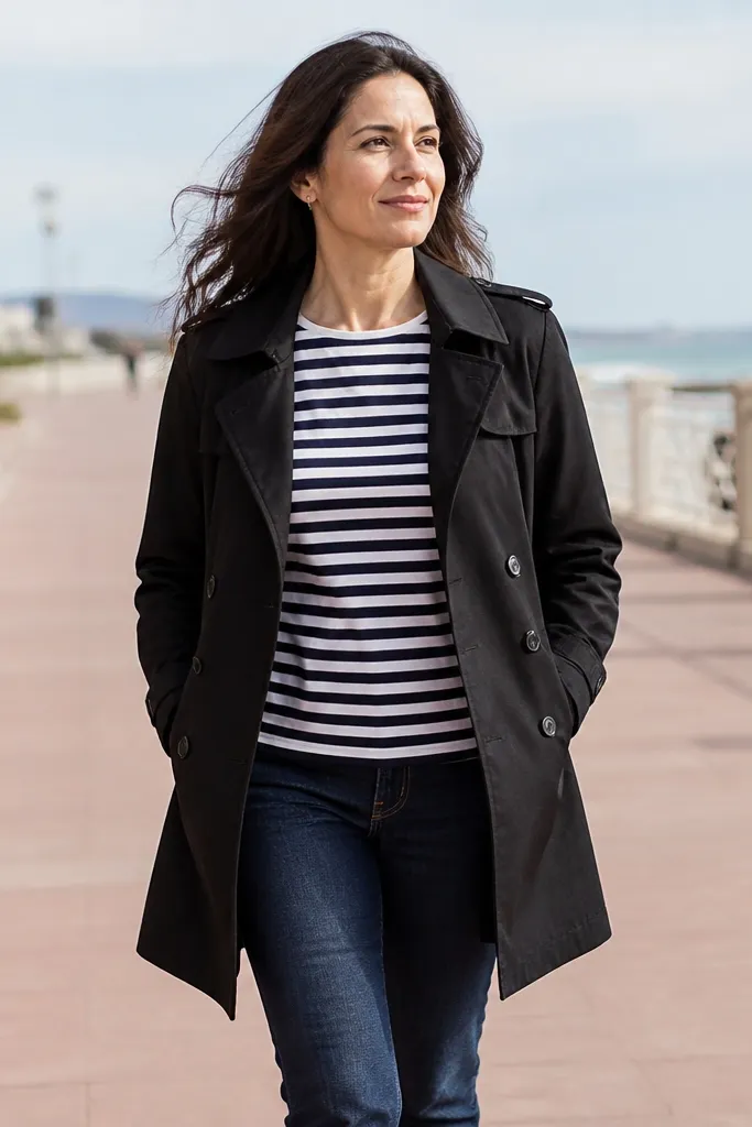 Black short trench over striped Breton tee with dark blue straight jeans
