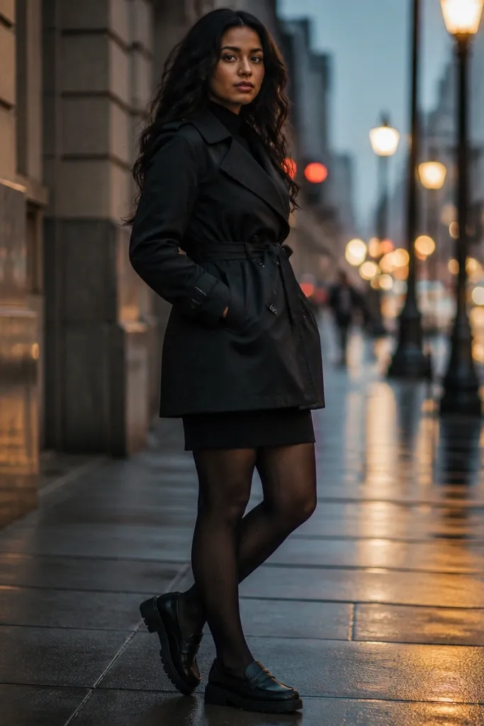 Black short trench over black mini skirt with black tights and chunky loafers